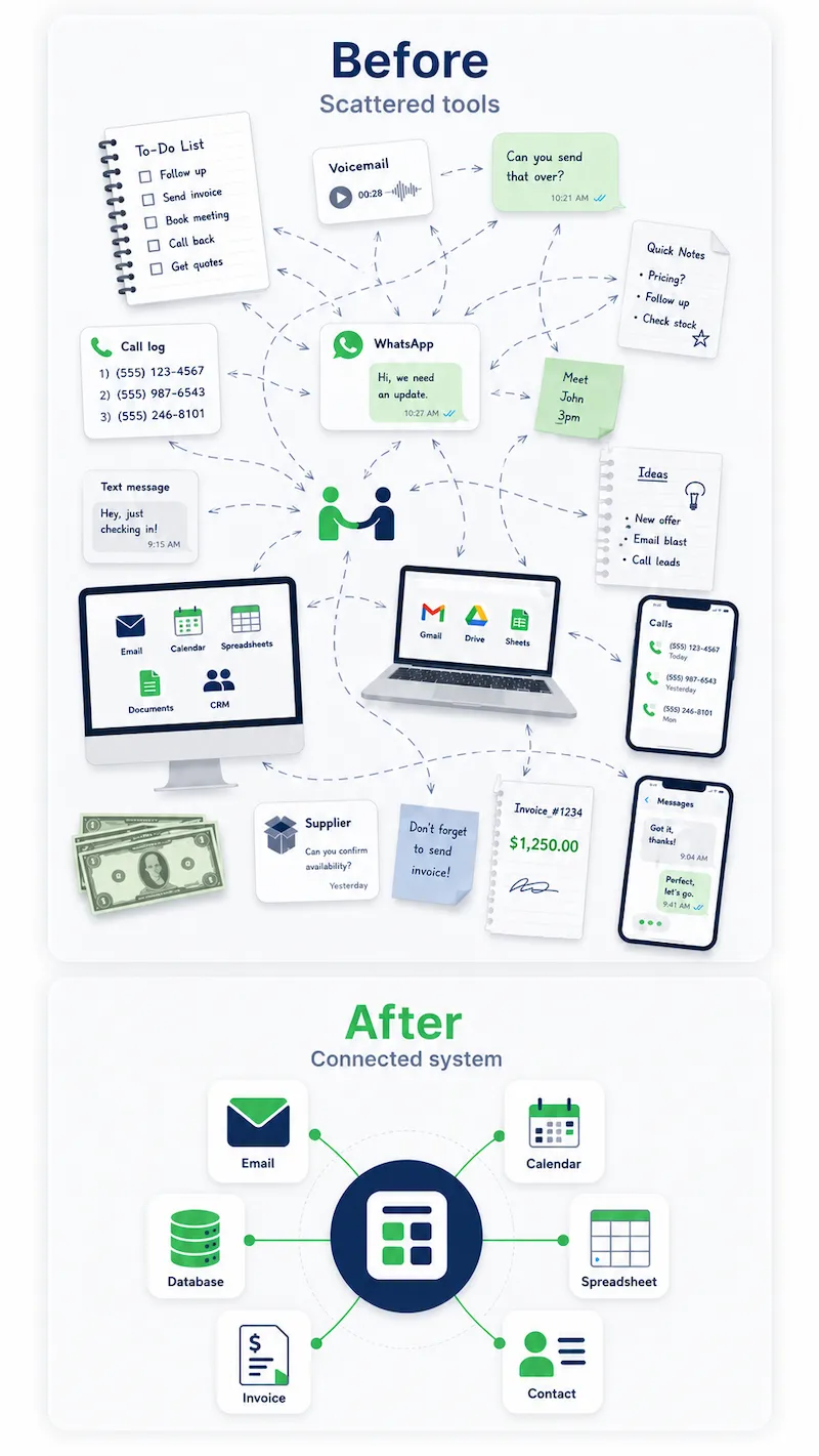 Before and after illustration showing scattered business tools compared to a connected, organized system.