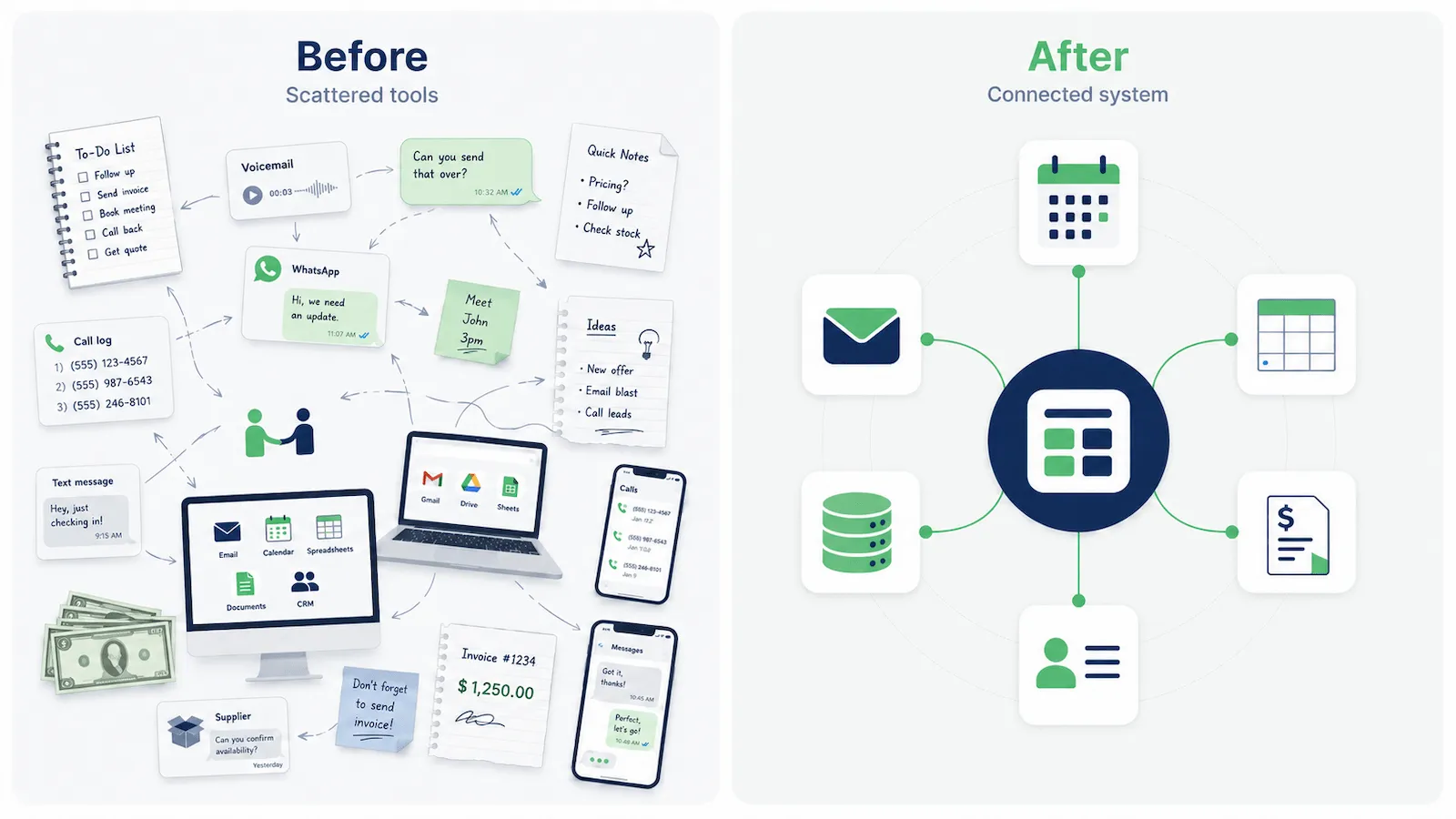 Before and after illustration showing scattered business tools compared to a connected, organized system.